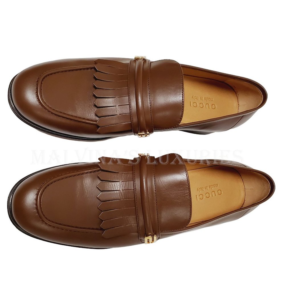 GUCCI SHOES MENS MIRRORED G FRINGED DETAIL BROWN LOAFERS sz US 10.5 - Picture 6 of 16